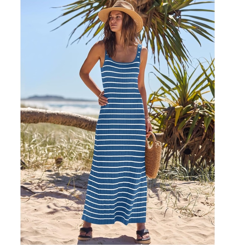 NWT Sleeveless Blue & White Striped Tank Dress Maxi Square Neck Ribbed Knit - Picture 13 of 15